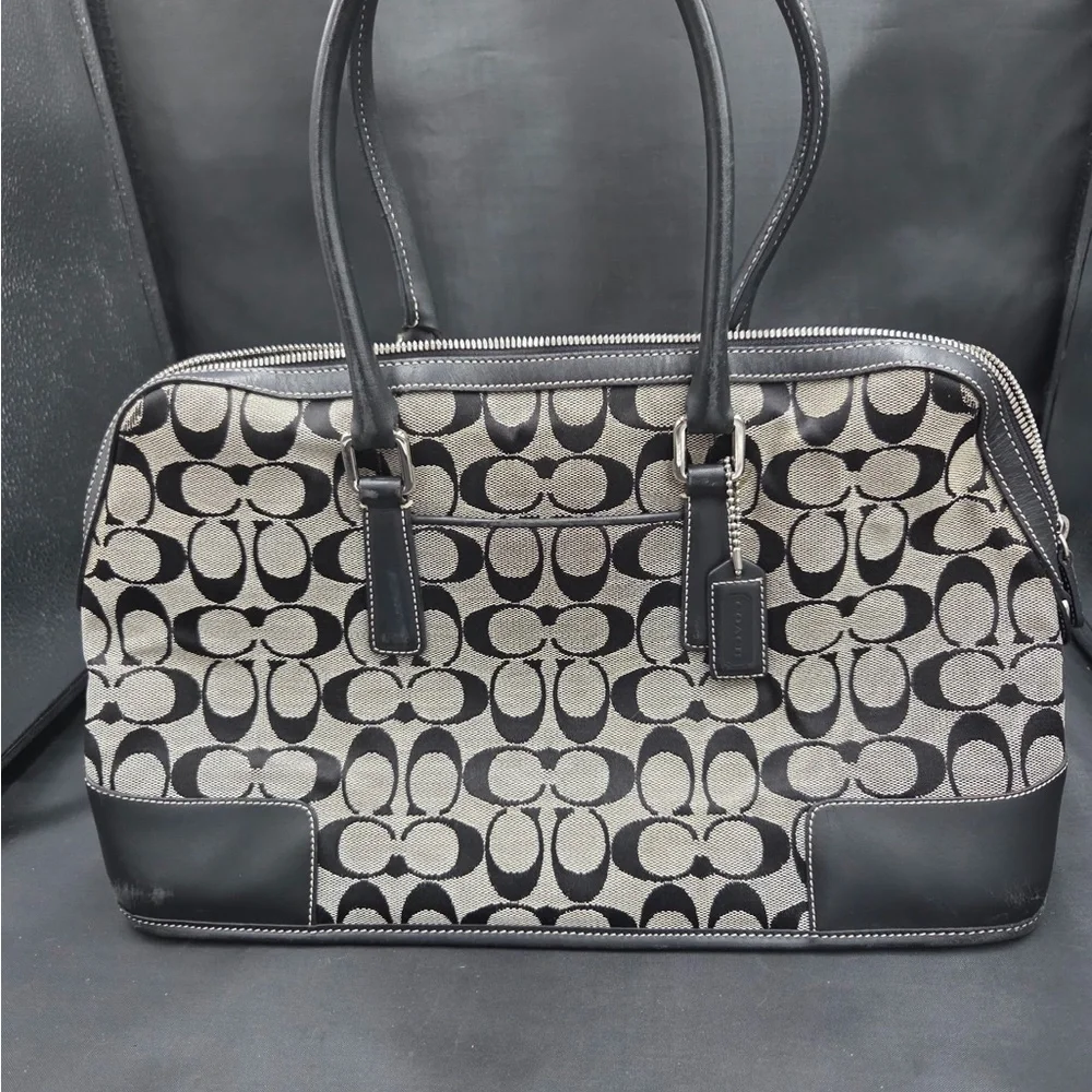 Coach Black and Gray Signature Print with Leather Accents